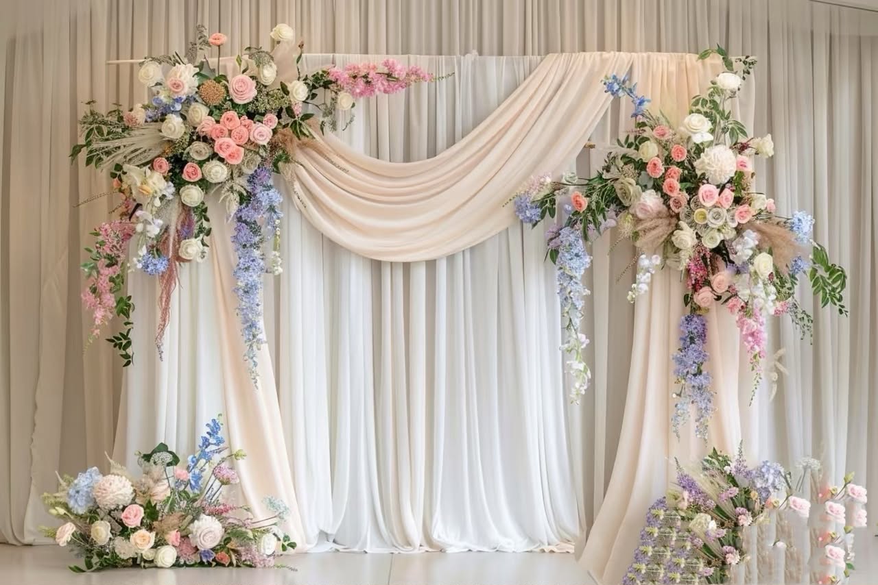 Pastel floral and draped fabric photo backdrop