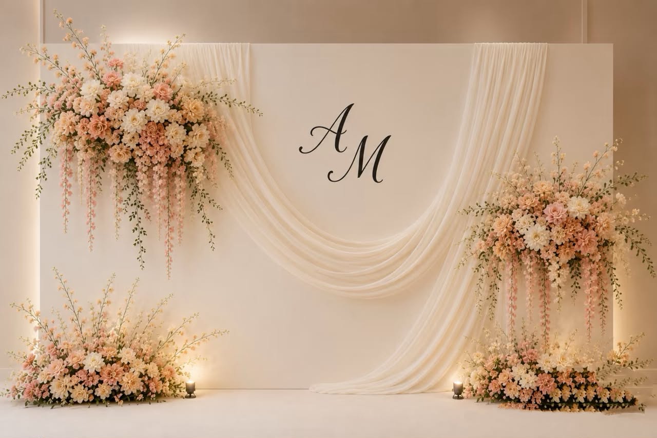 Cream backdrop with hanging blush floral arrangements