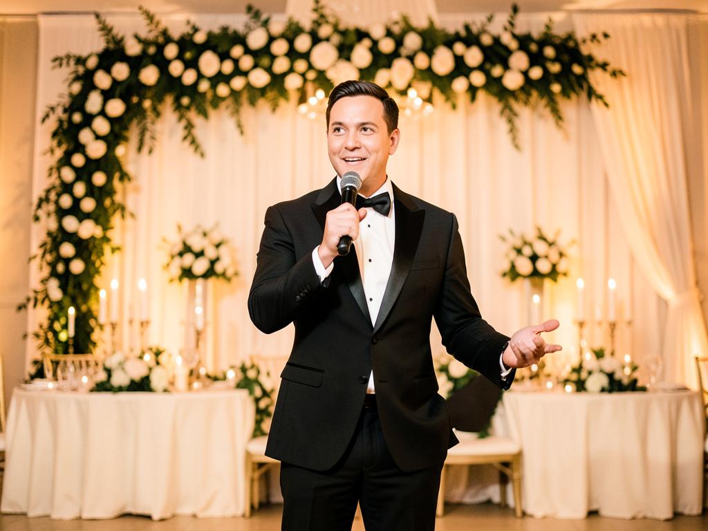 Emcee holding a microphone in front of a floral backdrop