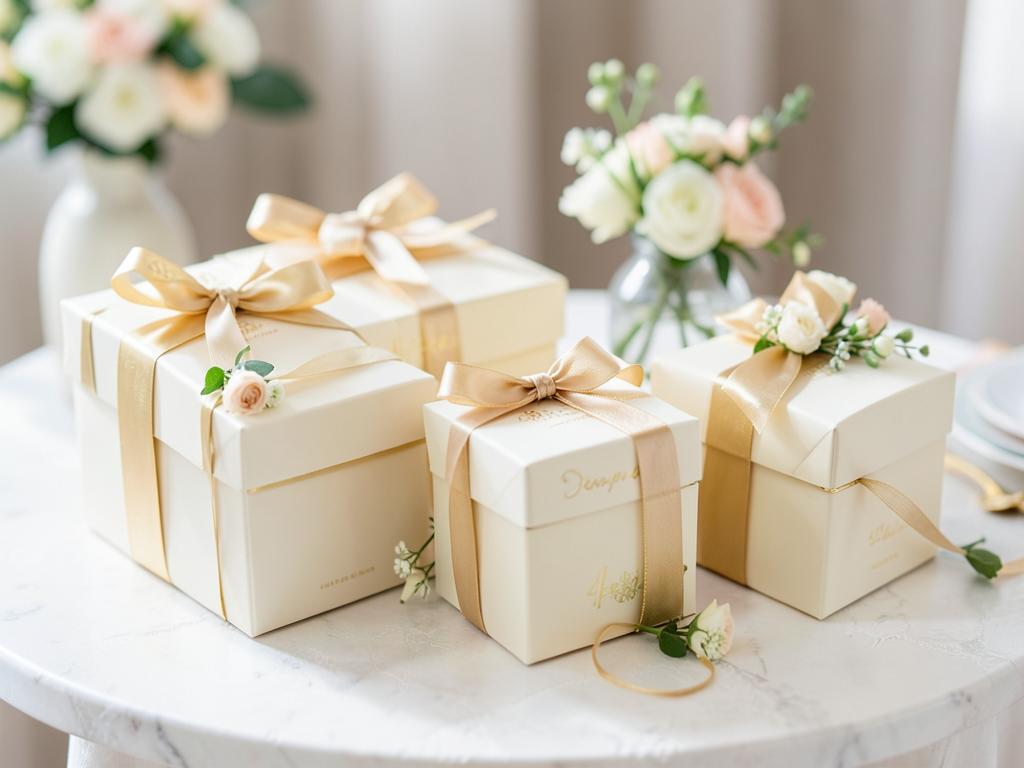 Ivory and gold wedding favour boxes tied with ribbon