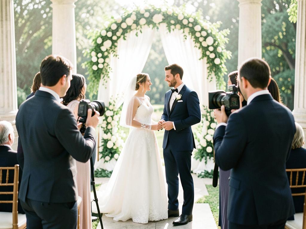 Photographer and videographer filming a couple at their ceremony