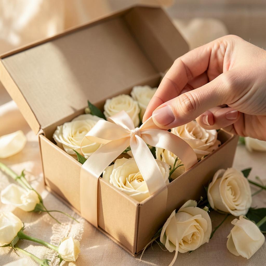Hand-tied silk ribbon on an open box of ivory roses